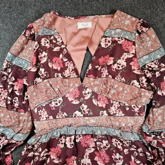 Sage the Label Dress Womens Medium Burgundy Floral Bohemian - Picture 14 of 16